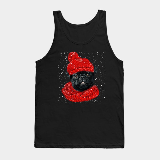 Black Pug Wearing Red Hat And Scarf In Snow Christmas Tank Top by Tagliarini Kristi